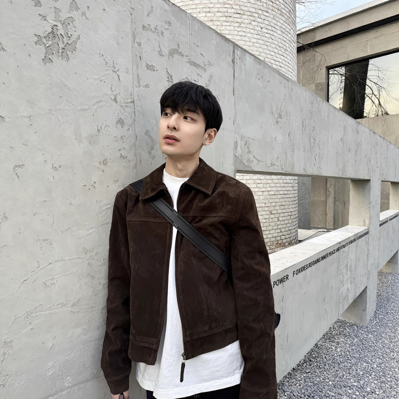 Dark Brown Right Shoulder Short Jacket Men's Autum American Retro High-End Handsome Cleanfit Lapel Jacket