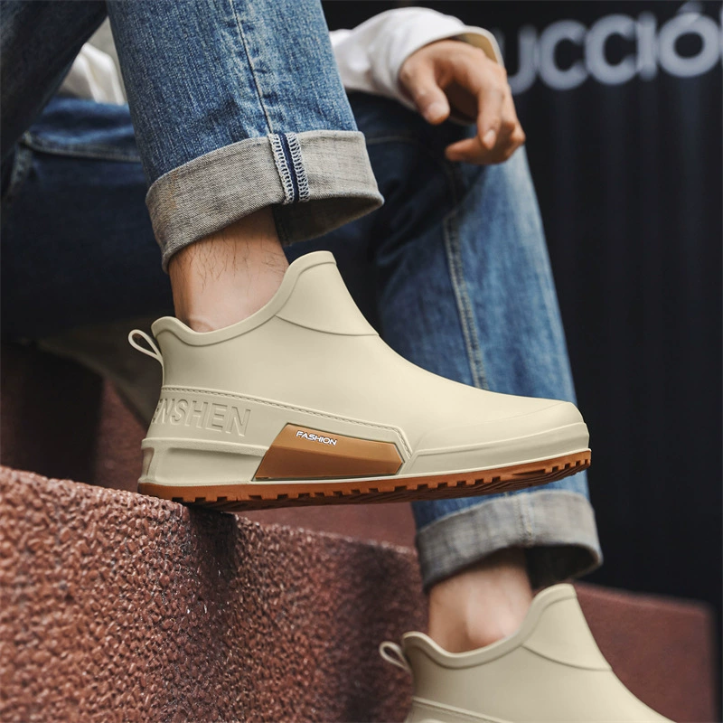 Трансграничная мода короткие дождевые сапоги мужские дикие носки пара водная обувь противоскользящая кухня резиновая обувь водонепроницаемая автомойка обувь женщина