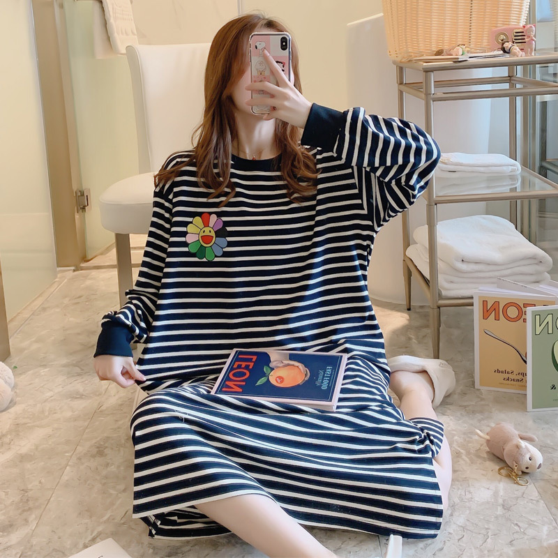 Nightgown for Women Spring & Fall Long-Sleeved Pure Cotton Stripesd Loose and Cute Pajamas Large Size Long Over-The-Knee Pregnant Women Fat mm 100kg