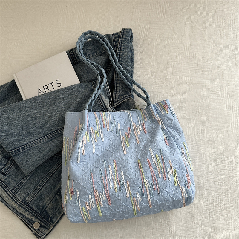 Bolsa de lona bordada a rayas de gran capacidad para mujeres 2024, nueva bolsa de hombro para estudiantes universitarios de clase