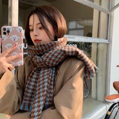 秋冬季撞色千鳥格格紋圍巾女軟綿舒適保暖情侶圍脖復古長披肩男女
