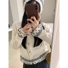 温柔风奶系拼接蕾丝花边针织开衫女甜美超仙的毛衣外套短款百搭秋