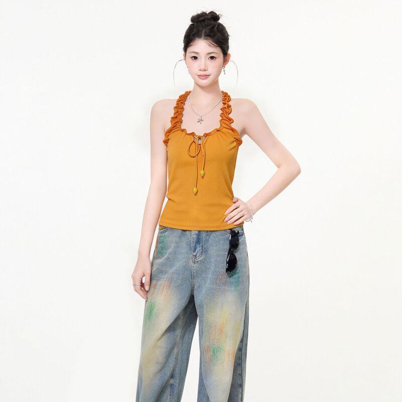 Dopamine Orange Lace Halter Neck Beautiful Back Camisole for Women 2026 Summer Slim Fit Flattering Outerwear Top