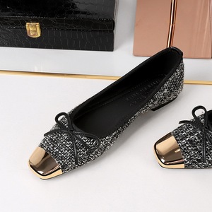 8726-9 French style flat sole single shoes for women with a high-end feel, metal square bow bow, shallow mouth, one foot
