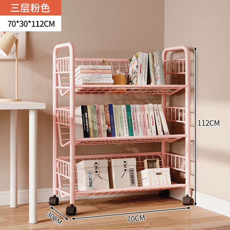 Estante de libros para niños Estante de almacenamiento de hierro forjado contra la pared Estante de almacenamiento de piso Estante de ruedas plegable móvil junto al escritorio
