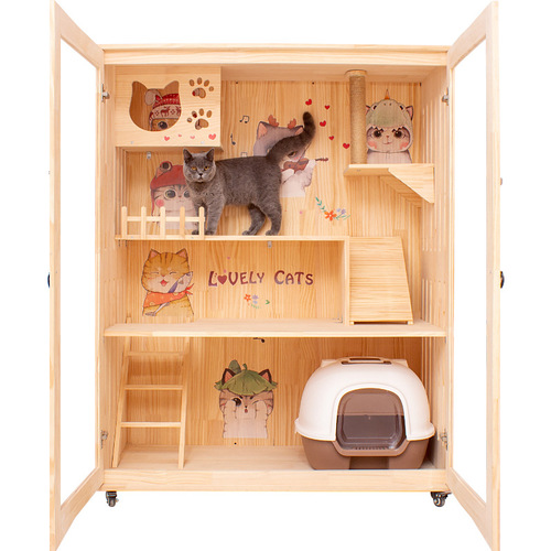 Cat cage villa home indoor cat house solid wood cabinet shelf cat nest extra large space pet house universal for all seasons