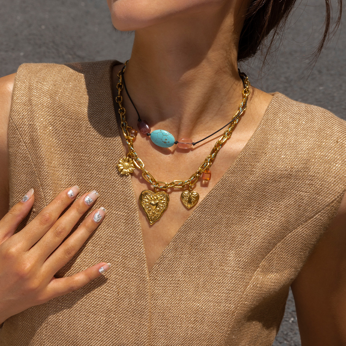 Collar de acero inoxidable TENA Europa y América de lujo ligero nicho de moda personalidad de acero de titanio cuerdas amor collar de piedra natural