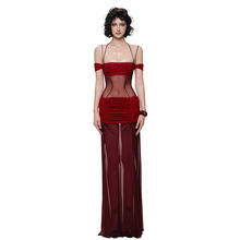 跨境欧美风2025秋季新款女装挂脖吊带露肩透视蕾丝网纱拼接连衣裙