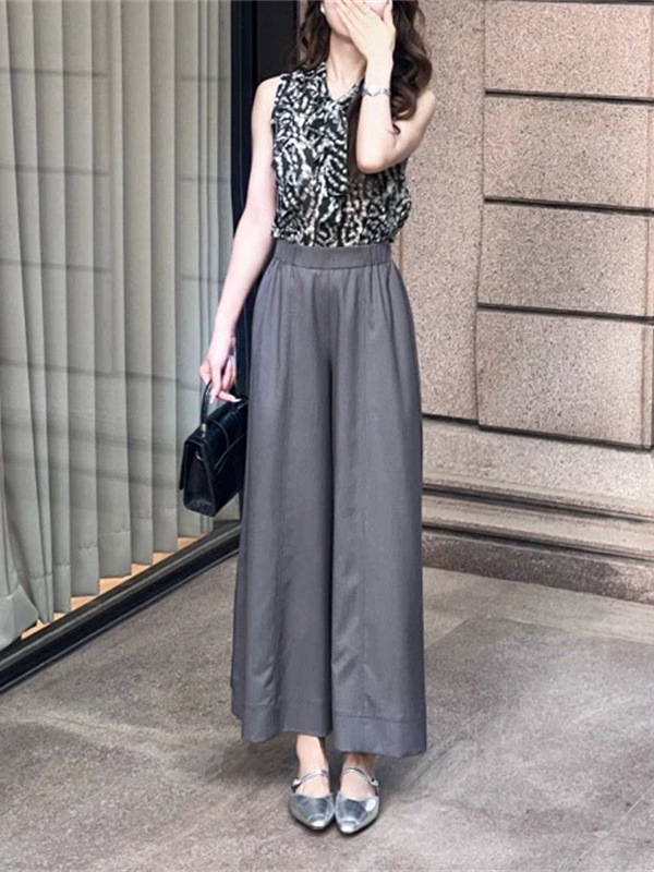 Quần culottes nữ ống rộng cạp cao dáng suông vải mềm mại — xám