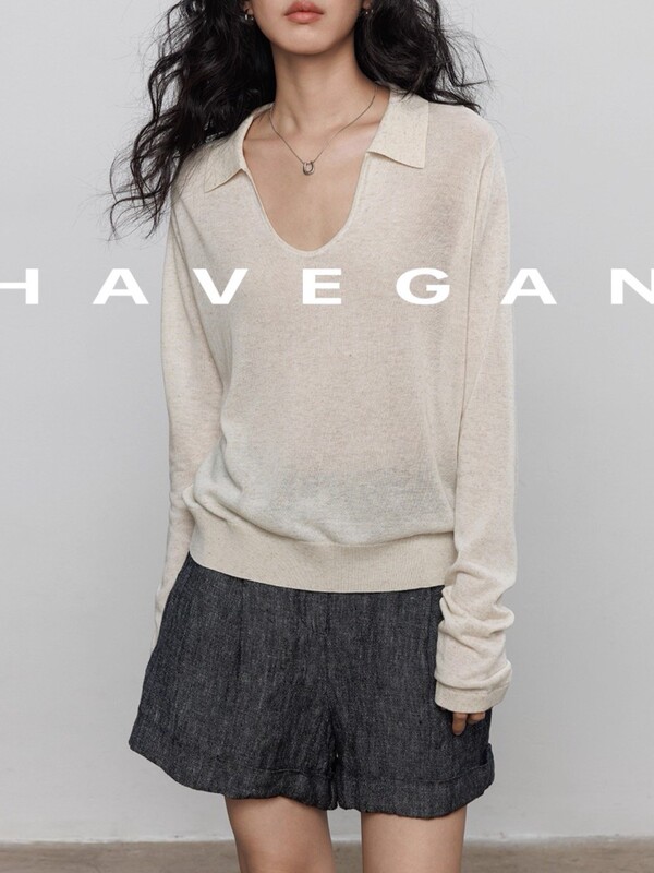 与间HAVEGAN/夏季天丝亚麻长袖防晒针织T恤女翻领老钱风休闲上衣|undefined