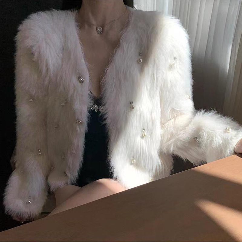 跨境小香风气质短款水貂绒镶钻开衫秋冬新款钉珠针织衫毛衣女外套