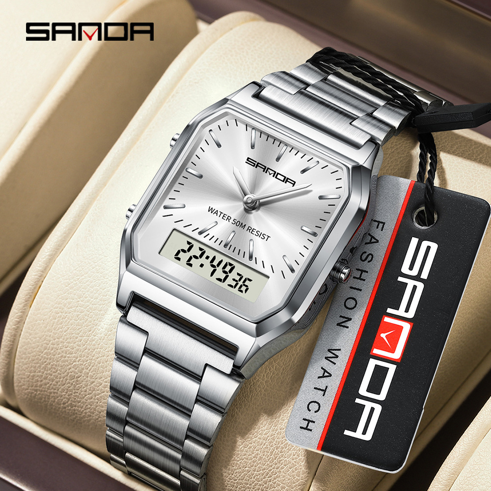 SANDA SANDA 747 hombre retro reloj electrónico de negocios moda moda personalidad reloj de hombre correa de acero reloj de pulsera ligero