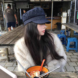 版型chao正~英伦复古深色牛仔平角帽子显脸小报童帽夏女士画家帽