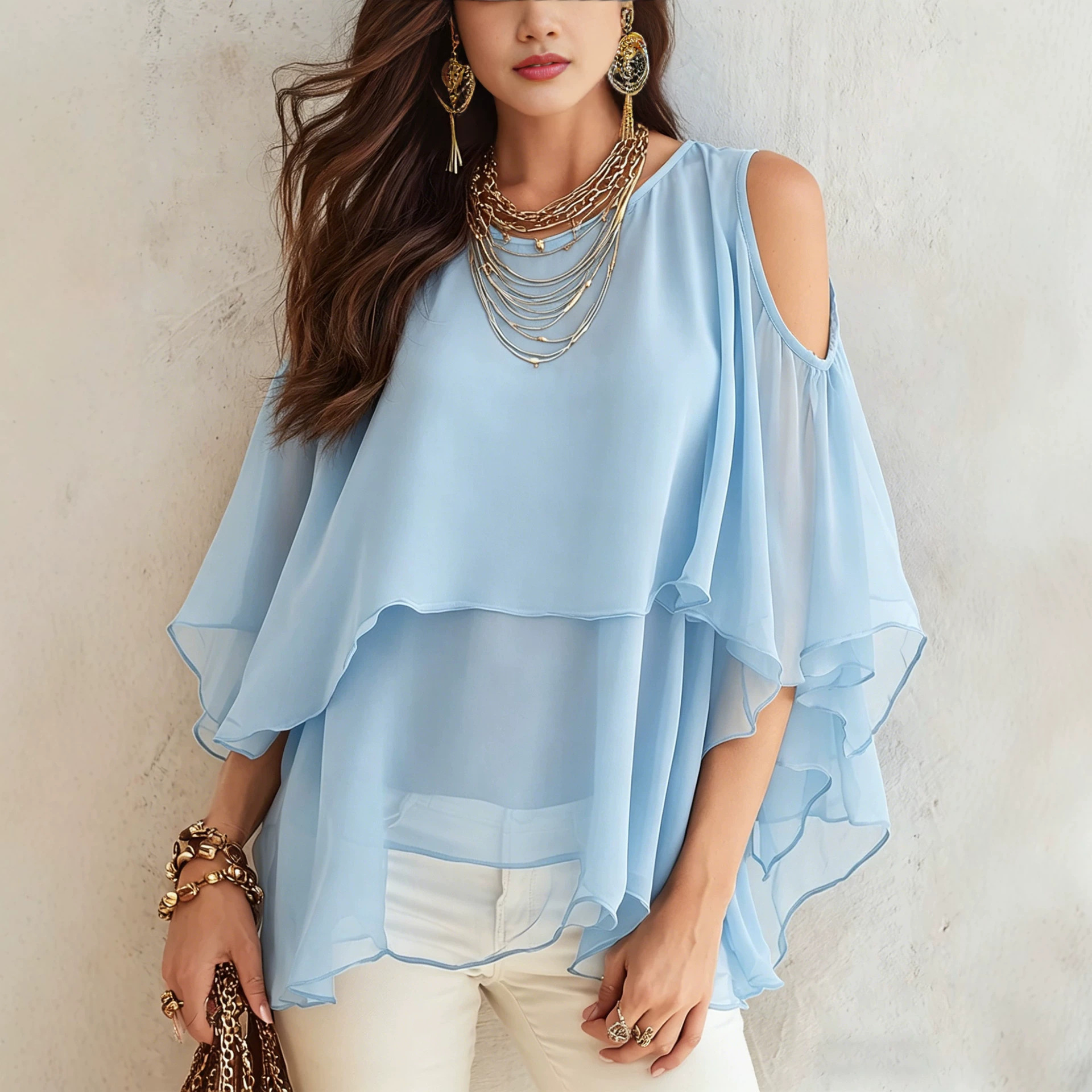 European and American Style Mid-Length Round-Neck Thin Chiffon Shirt with Shawl, Women's Solid Color Breathable Spring and Summer Small Cape Blouse for Cross-Border Trade