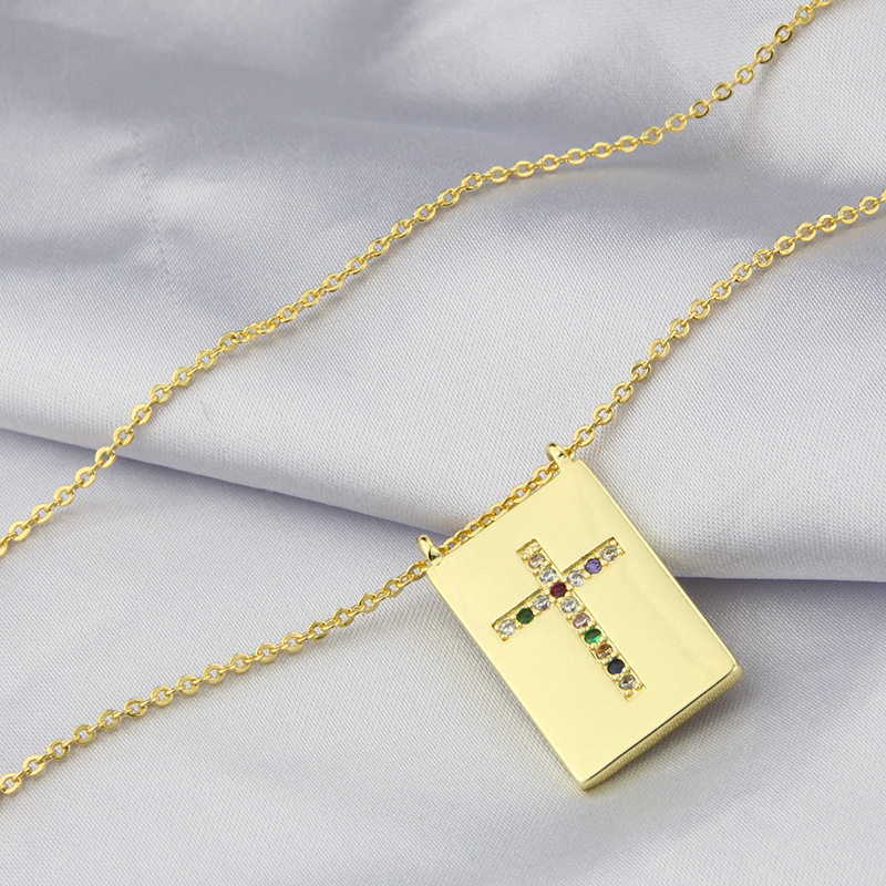 Fashion Tag Cross Pendant Gold Plated Inlaid Zirconium Square Tag Copper Necklace display picture 3