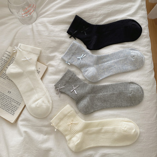 Spring and Summer Boneless Lolita Socks Mesh Breathable Double Bow Solid Color Short Socks Ballet Style White Thin Women's Socks