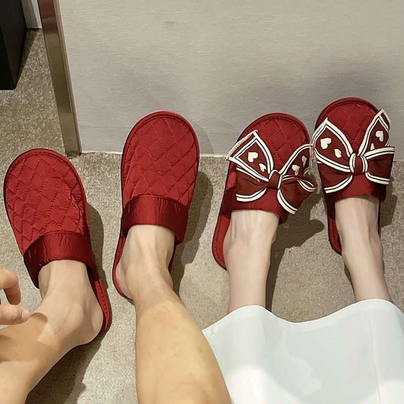 Пара Красная Невеста Баотоу Свадебные хлопковые тапочки Весна и осень Нескользящие домашние Свадебные праздничные сопровождающие пары