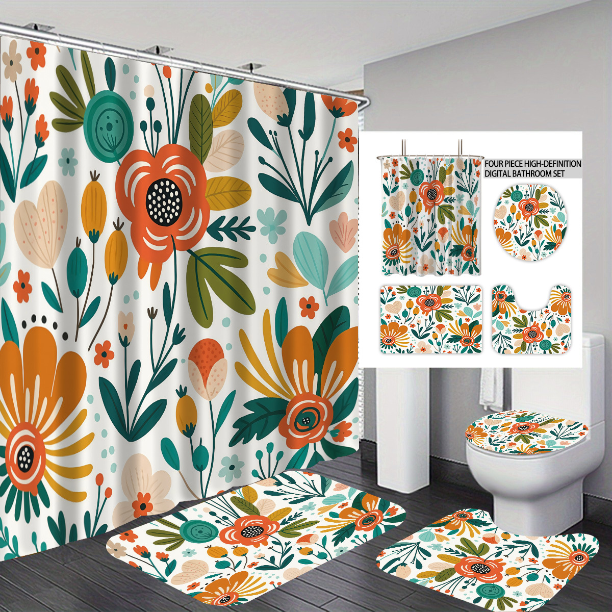 Agente de poliéster Mei Ke más cortina de baño impermeable serie de agua floral 3D impresión digital cortina de baño cuatro piezas alfombra absorbente