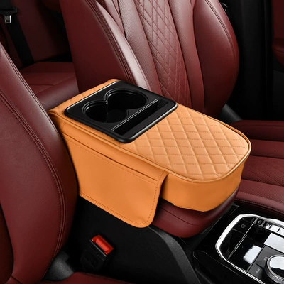Armrest Box Storage Box Car: Armrest box pad - double-pocket-armrest-box-round-head-4-in-1-cayenne-yellow