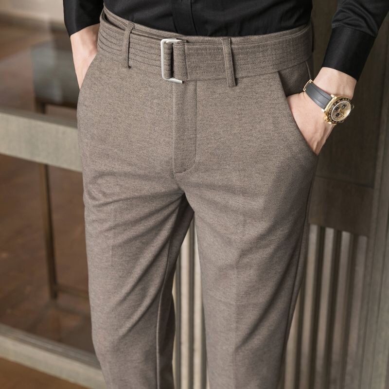 Autumn and Winter Woolen Casual Pants, Non-Iron, Thickened Woolen British-Style Dress Pants for Men, Business Straight-Leg Brushed Men's Pants, Versatile
