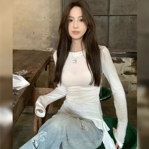 Korean-style pure desire irregular ruffled ribbon long-sleeved T-shirt women's summer design sweet spicy slim-fit blouse top