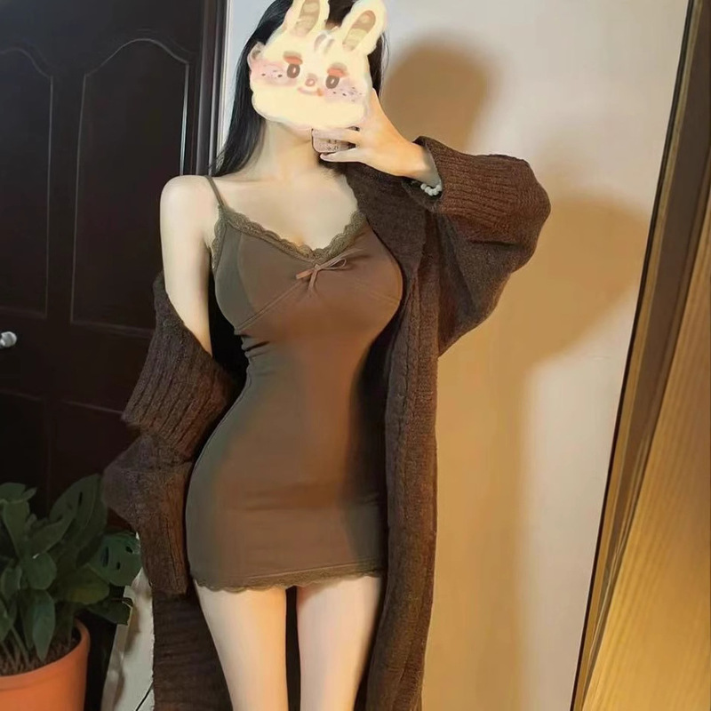 Pure Sex Sexy Tight Sling dress Women's Early Autumn Skirt Hem Lace Flower Slim-fit Waist-wrapped Hip Skirt