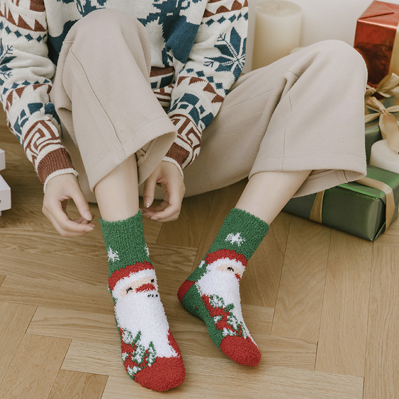 Calcetines de Felpa para Piso Vellón de Coral y Poliéster Térmico, Secado Rápido, Engrosado para Navidad