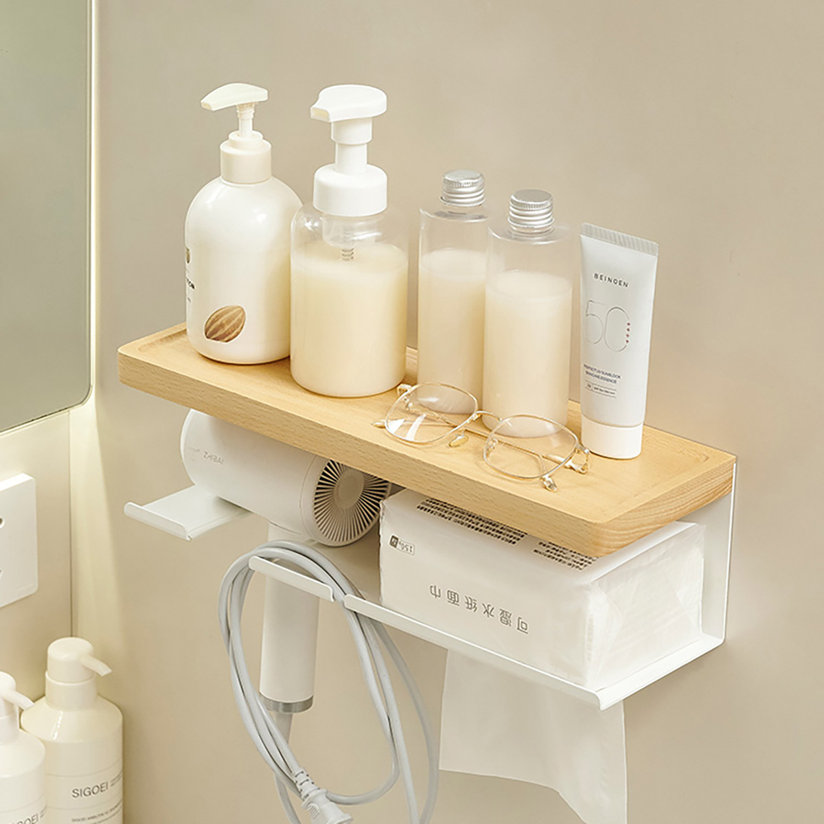 tronco de madera aire secador de cabello sin agujeros madera de hayale blanco estante de baño baño Dyson secador de cabello colgante