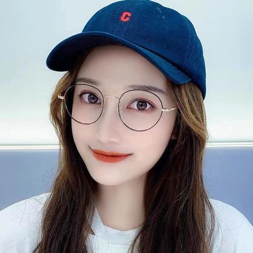 New round frame metal anti-blue light glasses frame for men, Korean style fashionable student finished myopia glasses for women, flat glasses frame