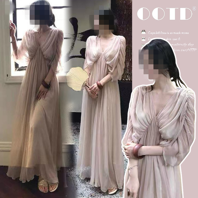 2026 New Spring Maternity Wear French Style High-End Chiffon Dress for Women, Minimalist V-Neck Slimming Elegant Long Dress 2026 New Spring Maternity Wear French Style High-End Chiffon Dress for Women, Minimalist V-Neck Slimming Elegant Long Dress