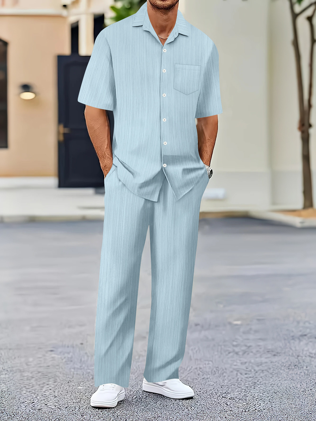 Herren Freizeit Hemd Und Hose Set Mit Wellenmuster Für Pendler_voghion.com