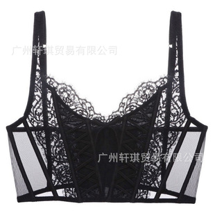 Cross-Border European and American Sexy Underwear Thin Mesh Lace Underwear Bra Big Breasts Show Small Body Shaping Fishbone French Underwear