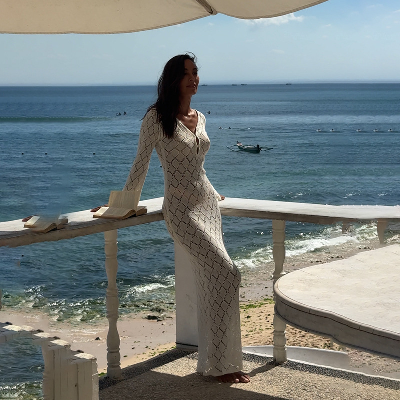 Cross-Border Simple French Elegant Long Dress 2025 Spring New High-Neck Long-Sleeved See-Through Knitted Women's Dress for Women