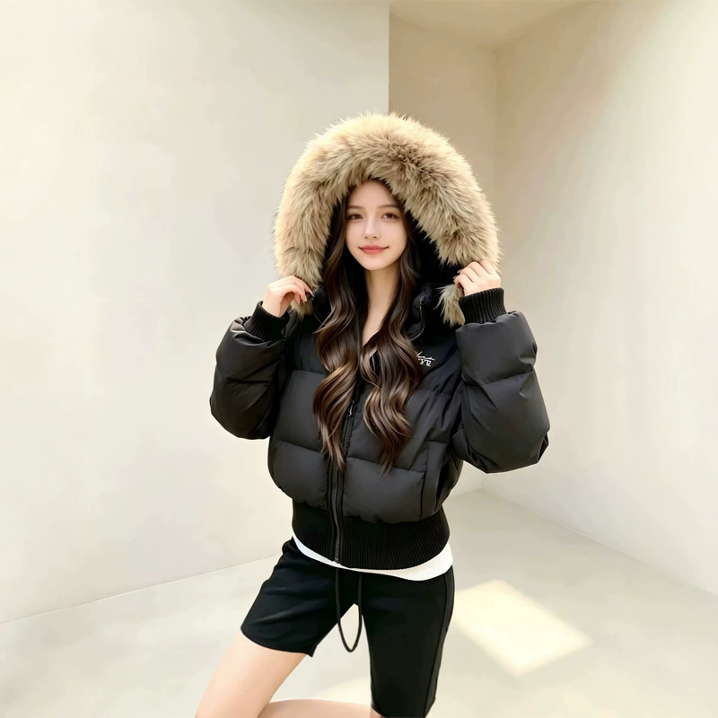 2026 New Winter Collection: Thickened Short Warm Down Jacket with Large Fur Collar, White Duck Down, Waist-Cinching, Slimming, Hooded Coat