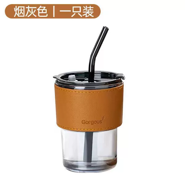 Smoke gray+brown leather case+straw