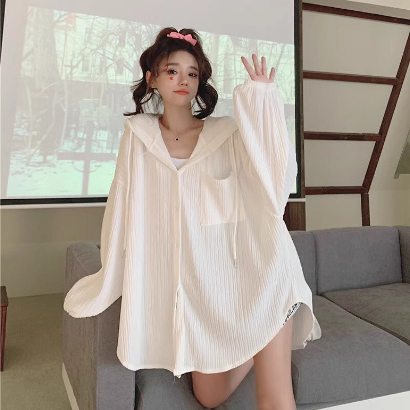 White Long-Sleeve Sun Protection Clothing for Women, Spring/Summer 2026 New Versatile Mid-Length Loose Cardigan with Hood, Thin Jacket White Long-Sleeve Sun Protection Clothing for Women, Spring/Summer 2026 New Versatile Mid-Length Loose Cardigan with Hood, Thin Jacket