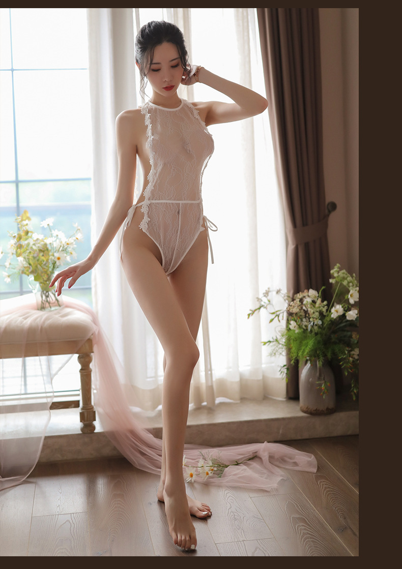 Halterneck Lace Bodysuit, Backless Sheer One-Piece Lingerie, Black One Size — detail image 14
