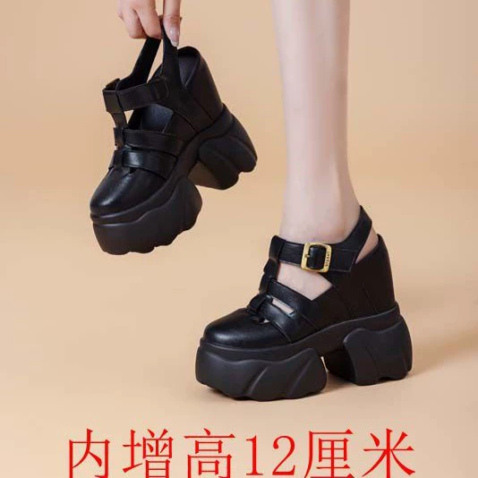 Универсальные женские туфли на толстой подошве в римском стиле. 12cm повседневные женские уличные сандалии из натуральной кожи с закрытым носком, увеличивающие рост.