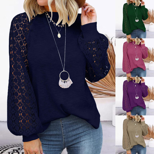 European and American New Independent Website Round-Neck Long-Sleeved Lace-Matching Loose Top for Women