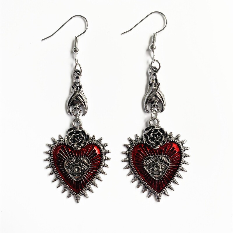 Cross-border Foreign Trade Gothic Punk Evil Eye Rose Wings Flower Red Oil Drops Heart-shaped Earrings Cross-border Foreign Trade Gothic Punk Evil Eye Rose Wings Flower Red Oil Drops Heart-shaped Earrings