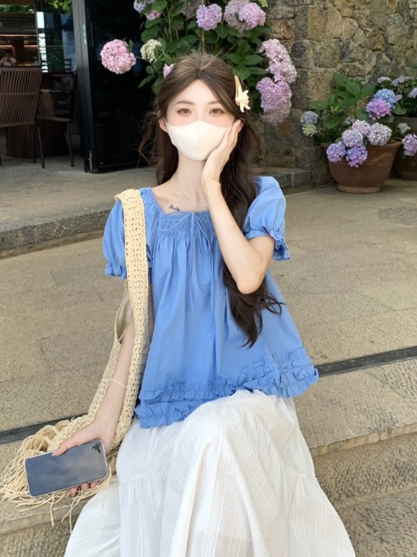克莱因蓝色棉麻短袖小上衣女夏2025新款多巴胺套装法式娃娃衫T恤|undefined