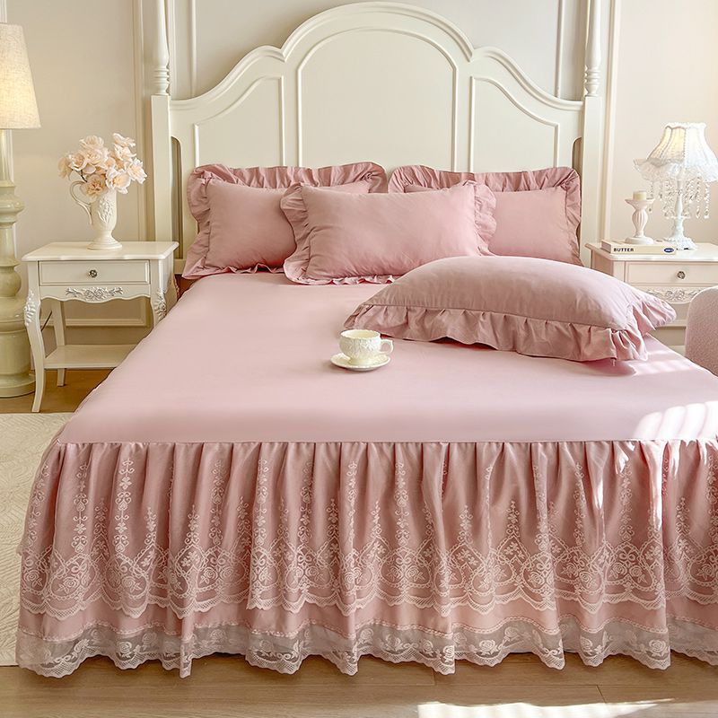 New Korean Style Lace Bed Skirt Three-piece Set Princess Style Solid Color Single Double Bed Cover Non-slip Lace Mattress Protective Cover