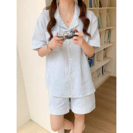 2025 睡衣短袖短裤睡衣夏天条纹家居服套装韩版可外穿