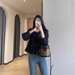 GJ9202减龄俏皮荷叶边拼接下摆亲肤纯棉系带V领波点衬衫女2025秋