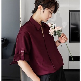 2025 Men's Summer New Solid Color Shirt Casual Simple Trendy Short-Sleeved Shirt Men's Fashion Burgundy White