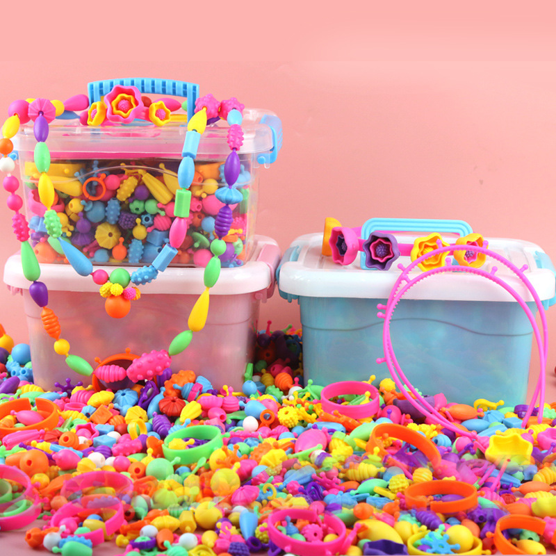 創意兒童百變波普珠收納盒套裝手工diy無繩串珠玩具帶頭箍廠直銷
