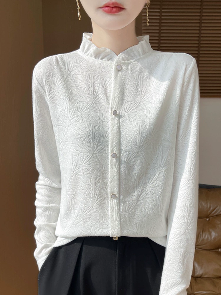 Осенний и зимний новый французский кружевной топ женский деревянный ушной воротник вязаный свитер с длинным рукавом нижняя рубашка с полувысоким воротником