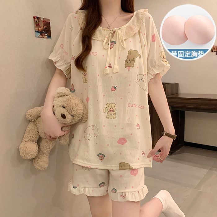 Pijamas con almohadilla fija para el pecho para mujer verano nuevo traje de manga corta de algodón de nube estilo coreano suelto, dulce y lindo servicio a domicilio