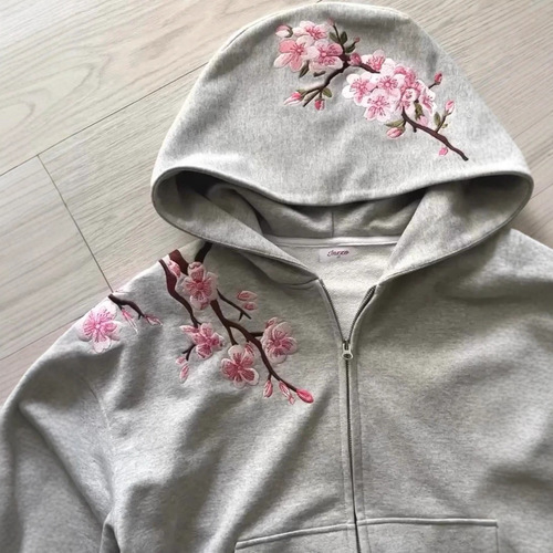 European and American cross-border Harajuku retro cherry blossom print personalized street American trend hooded pullover hoodie fashion hoodie