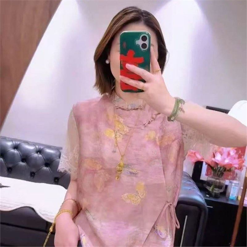 Dropshipping Hot-Selling New Chinese-Style Blouse 2026 Summer New Luxury Youthful Spliced Lace Top for Women